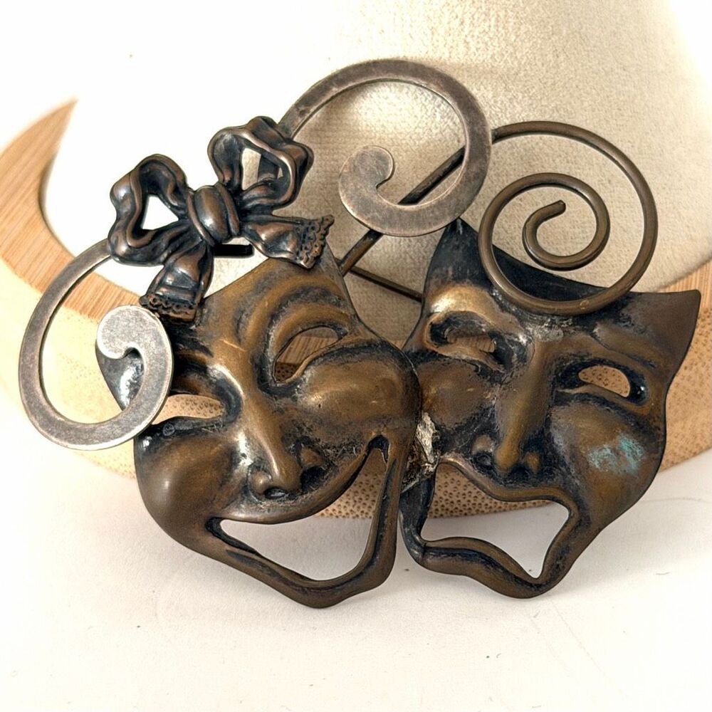 Vintage Mixed Metal Comedy Tragedy Theater Masks Large Artisan Brooch